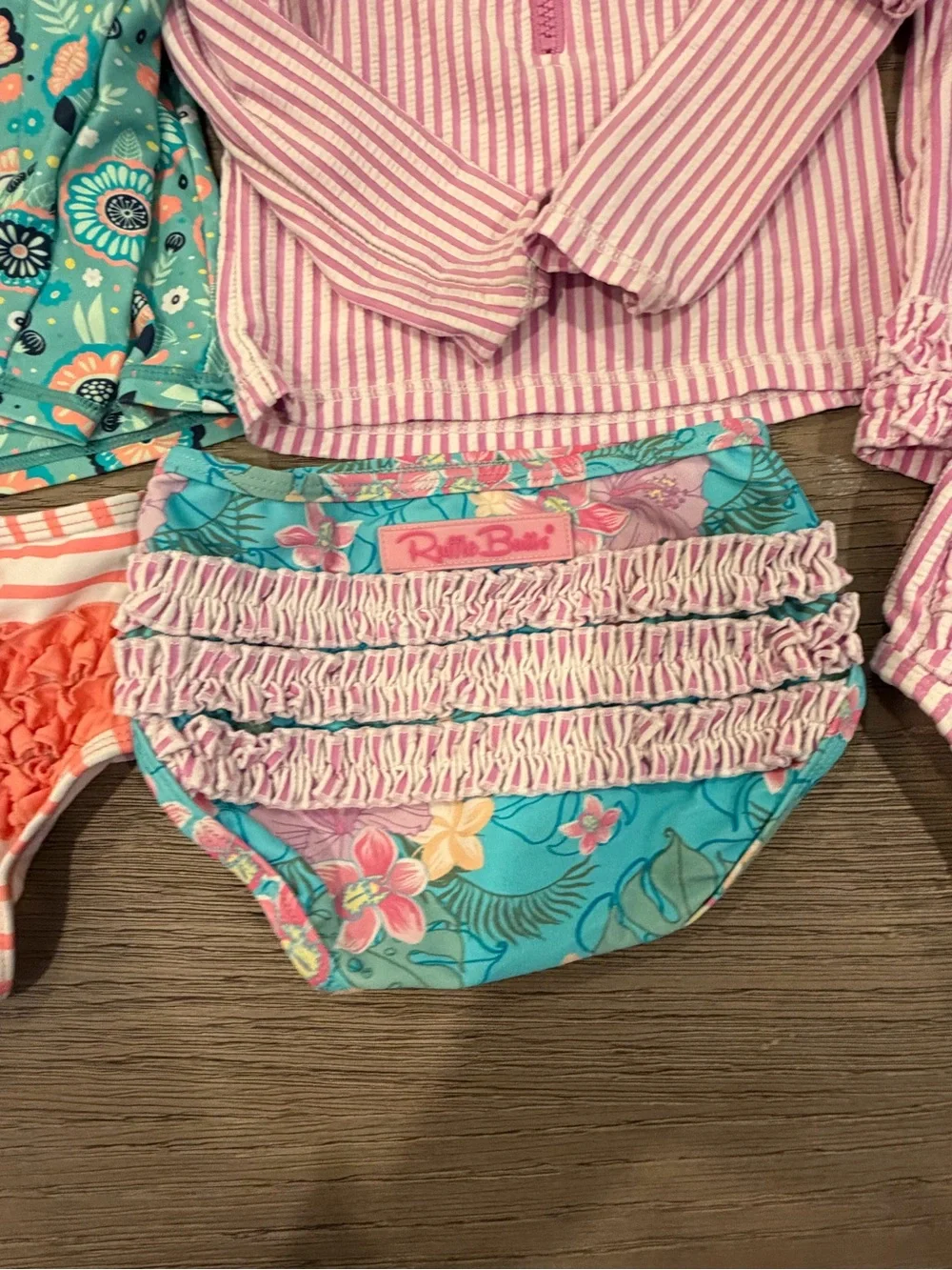 Ruffle Butts Pink & Teal Girls Long-Sleeve Swim Bodysuit Set